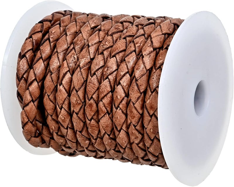 GENIQUE Real/Genuine Round Braided Leather Cord String Rope Folded, Leather Rope for Crafts, Jewelry Making, Necklace, Bracelet (5 Metres) (5mm, Saddle Brown Distressed) - Image 1